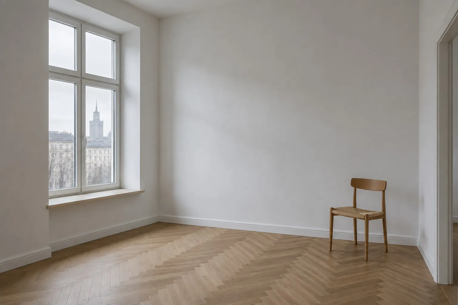 A finished room with oak herringbone flooring and a tall window with a deep reveal