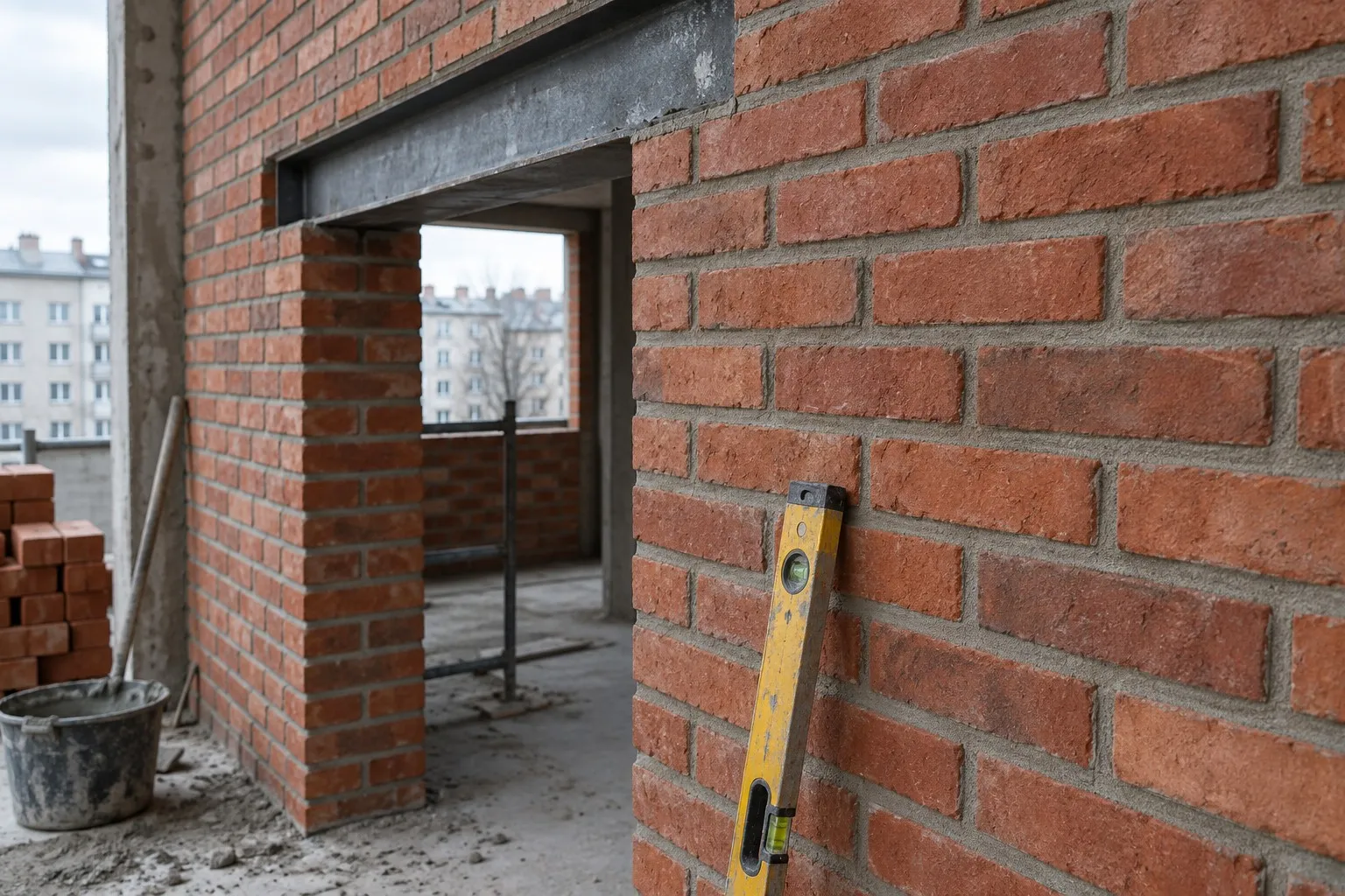 Fresh brickwork with raked joints beside a new opening spanned by a steel lintel