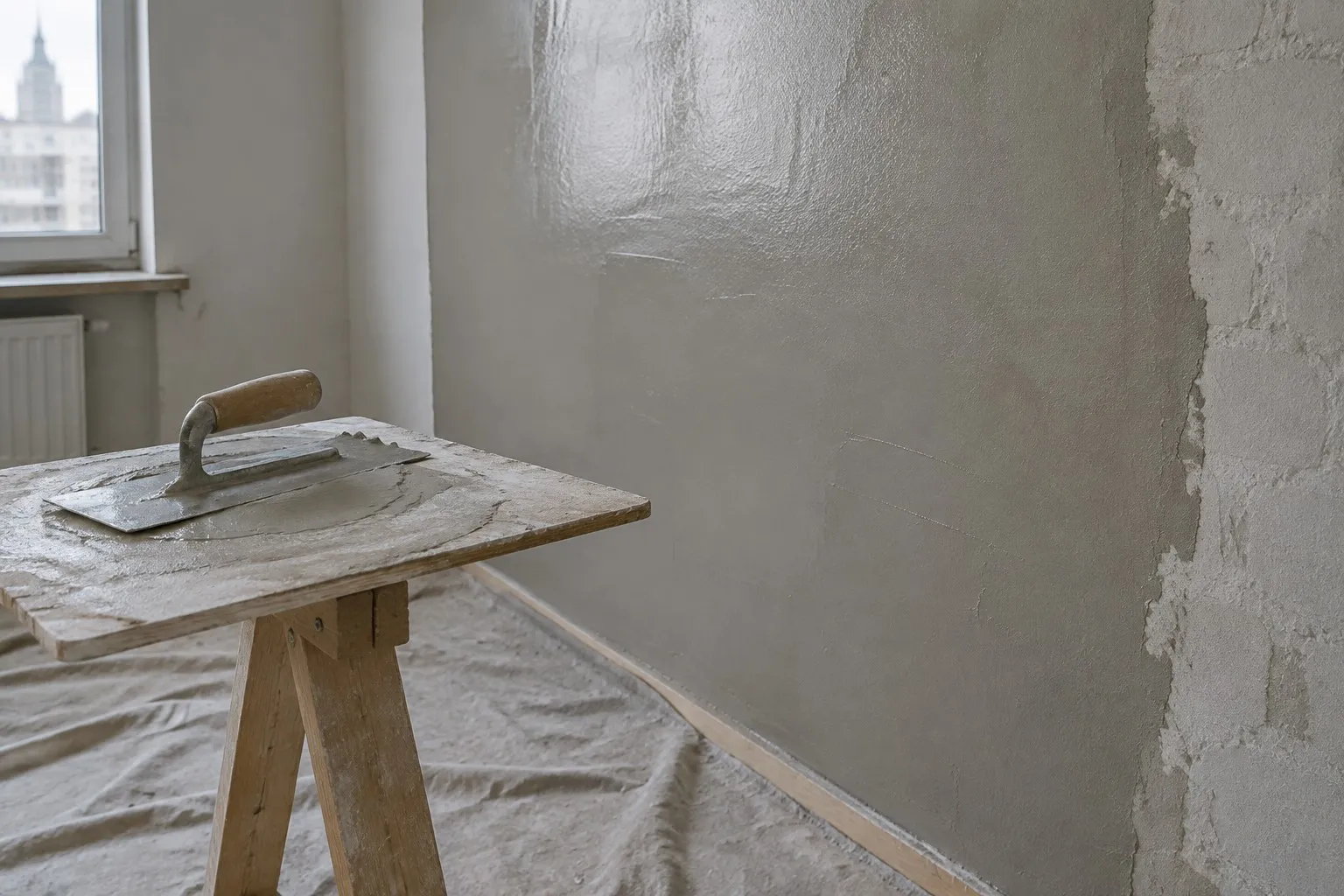 A wall part-way through being skimmed, a trowel resting on a plaster-covered hawk