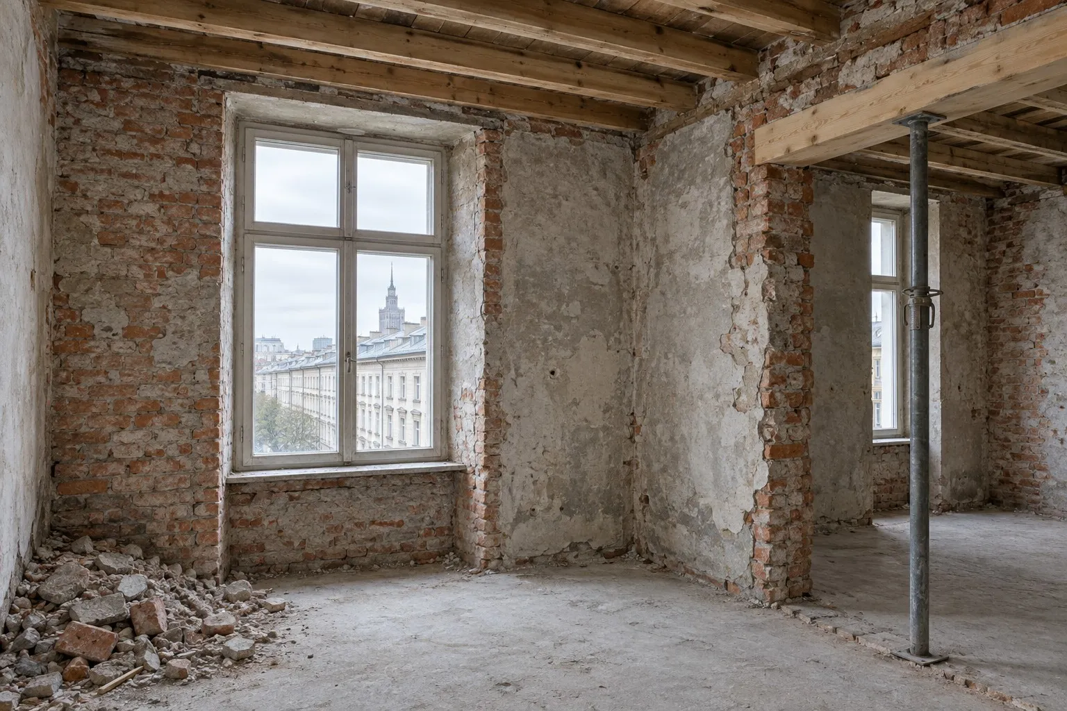 A Warsaw tenement flat stripped back to bare brick and lime plaster, with exposed timber joists, a steel prop under a new opening and the Palace of Culture through the window